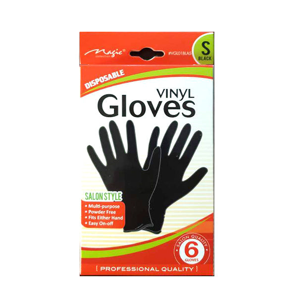 MAGIC DISPOSABLE VINYL SALON STYLE GLOVES SMALL BLACK (6 GLOVES) [VGL0